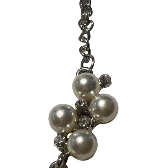 Silver Tone Articulated Faux Pearl Rhinestone Collar Necklace Choker Adj 19" - Picture 3 of 4